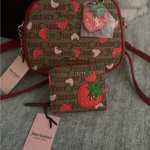Juicy Couture Brown and Red Crossbody Bag with Strawberry Print